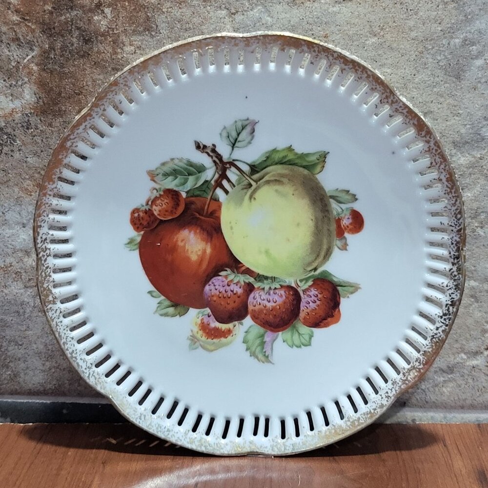 Vintage Decorative Plate Fruit Design Pierced Gilded Gold Edge